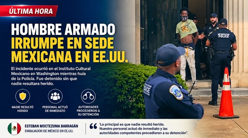 Un ciudadano estadounidense ingresó armado al Instituto Cultural Mexicano en Washington mientras escapaba de la Policía; no hubo heridos.