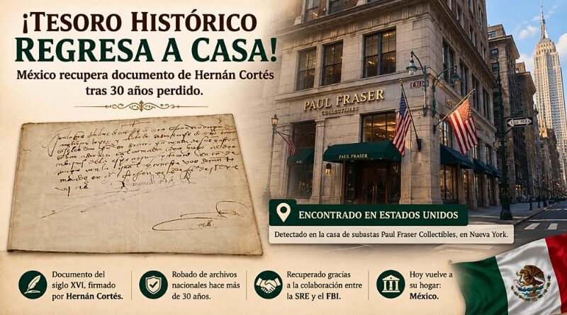 El histórico documento del siglo XVI, firmado por el conquistador español, fue hallado en Estados Unidos y devuelto a México gracias a la colaboración entre la SRE y el FBI; se trata de un valioso testimonio de la Nueva España.