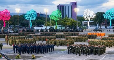 Copresidentes Daniel Ortega y Rosario Murillo lideran la conmemoración castrense en la Plaza La Fe, destacando el papel de la institución como garante de la paz y la dignidad nacional frente a las presiones externas